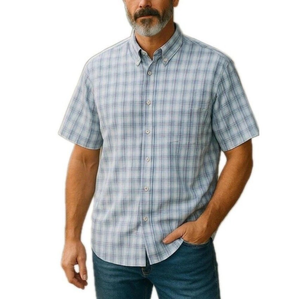 Peter Millar Shirt Men 2XL Button Down Short Sleeve Pink Blue Yellow Plaid Prep